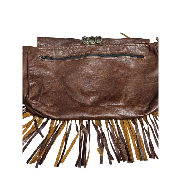 Boho Brown Leather Fringe Clutch Bag Brass Ring Detail Western Festival Bag - Picture 5 of 6